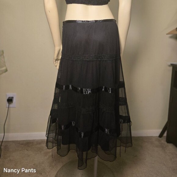 Vintage Express Black Sheer Tiered Maxi Skirt Y2K Goth Mesh Lace - Picture 3 of 5